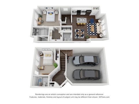a stylized 3d floor plan of a house with a car in the garage